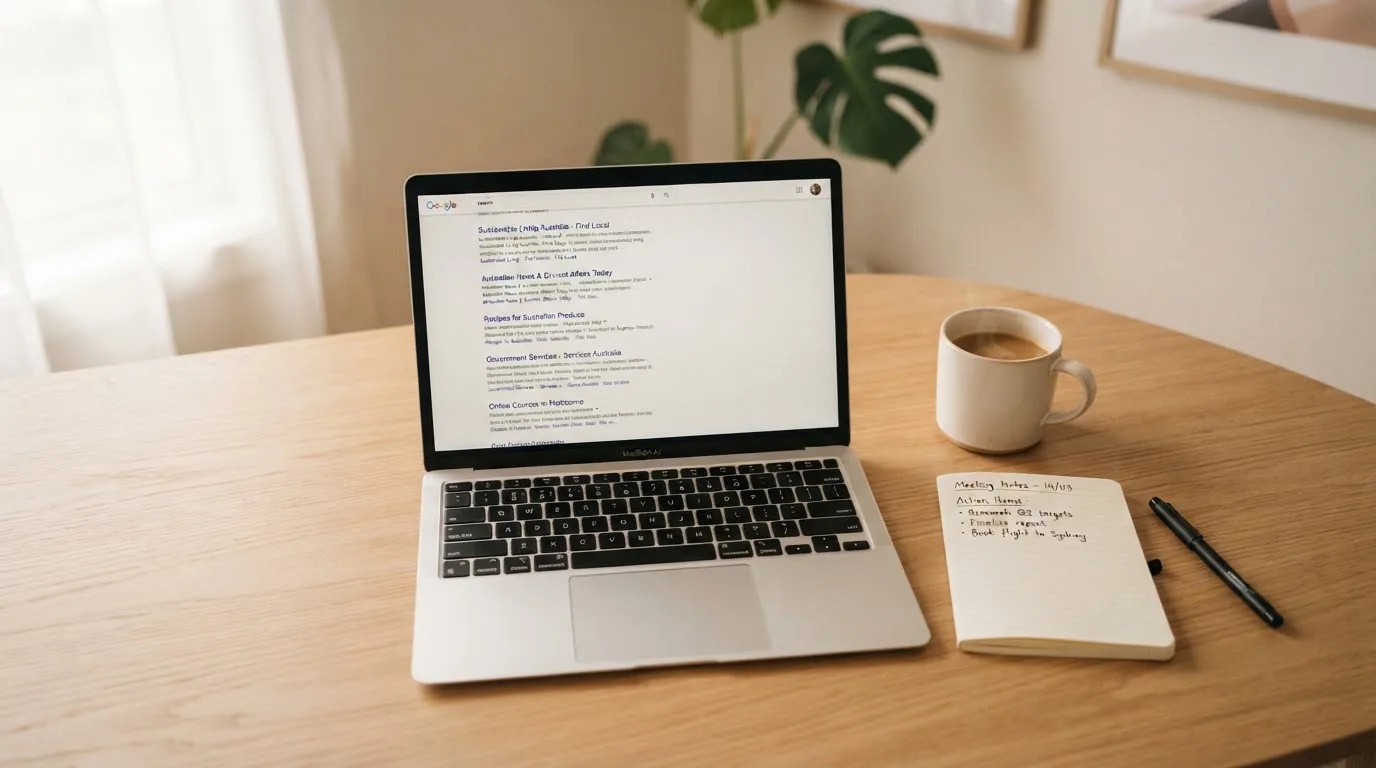 A tidy desk with a laptop open on a plain search-results page, a notebook and a coffee cup beside it, no screens showing any casino branding.