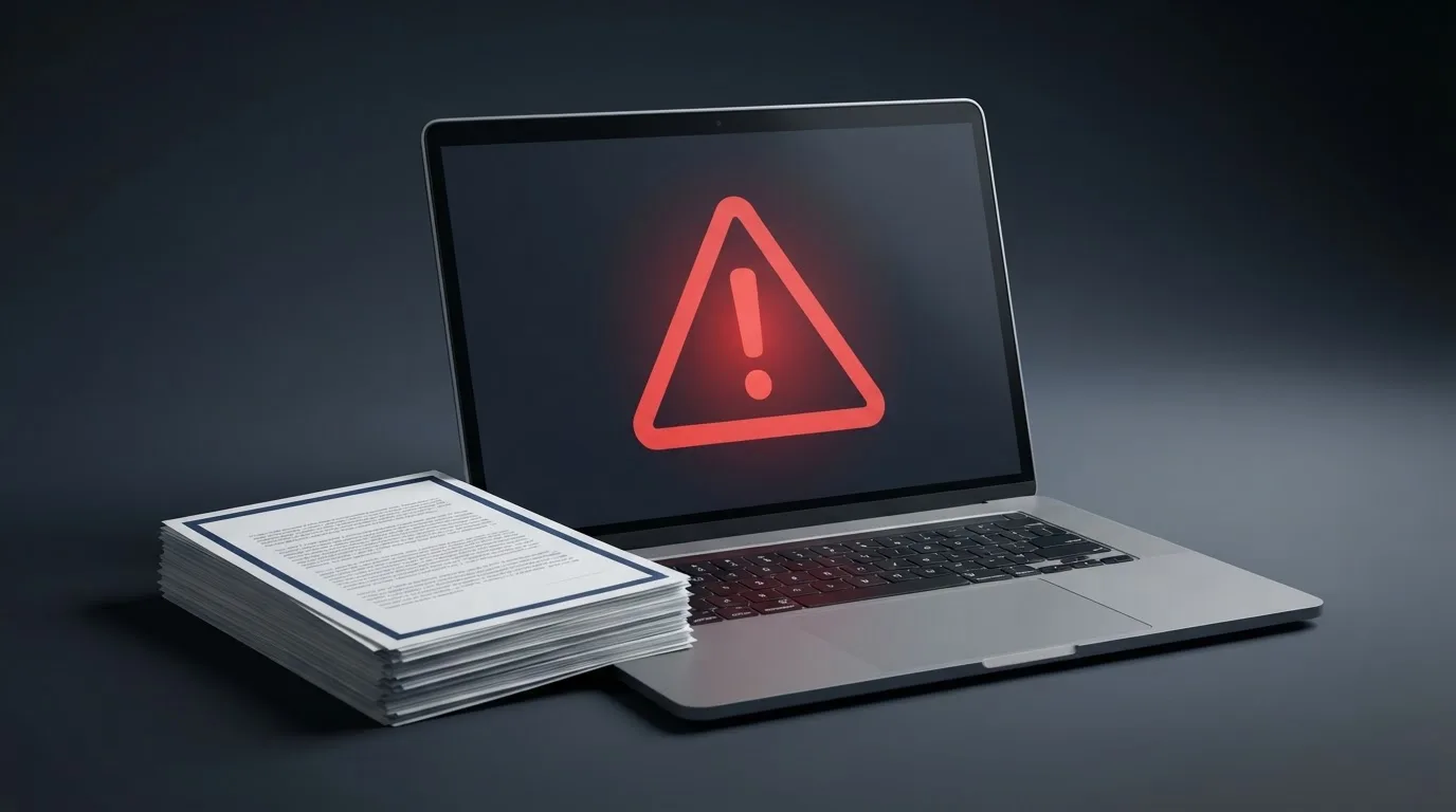 A red triangular warning sign icon on a laptop screen next to a stack of legal papers, symbolising an official caution rather than any specific website.