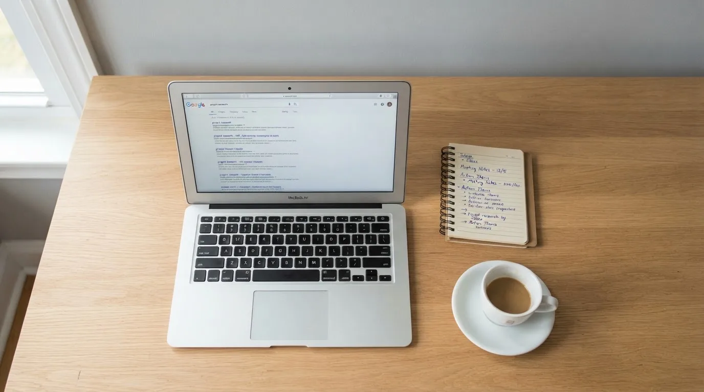 A tidy desk with a laptop open on a plain search-results page, a notebook and a coffee cup beside it, no screens showing any casino branding.