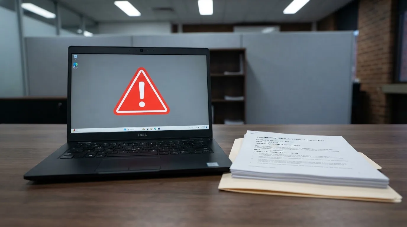 A red triangular warning sign icon on a laptop screen next to a stack of legal papers, symbolising an official caution rather than any specific website.