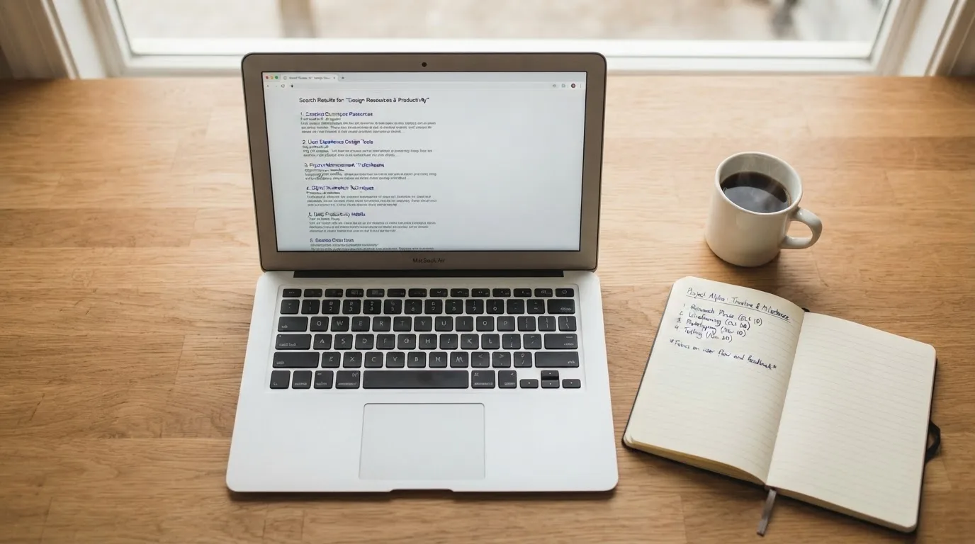 A tidy desk with a laptop open on a plain search-results page, a notebook and a coffee cup beside it, no screens showing any casino branding.