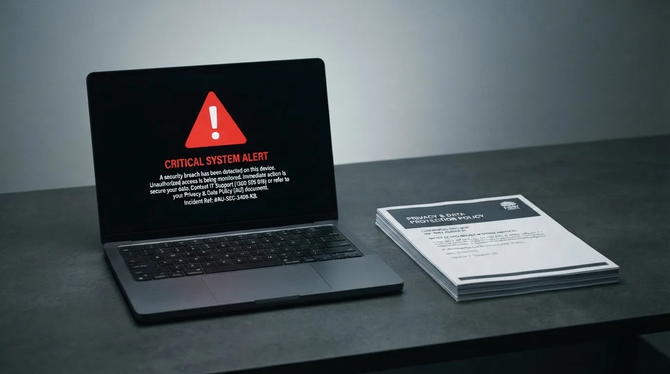 A red triangular warning sign icon on a laptop screen next to a stack of legal papers, symbolising an official caution rather than any specific website.