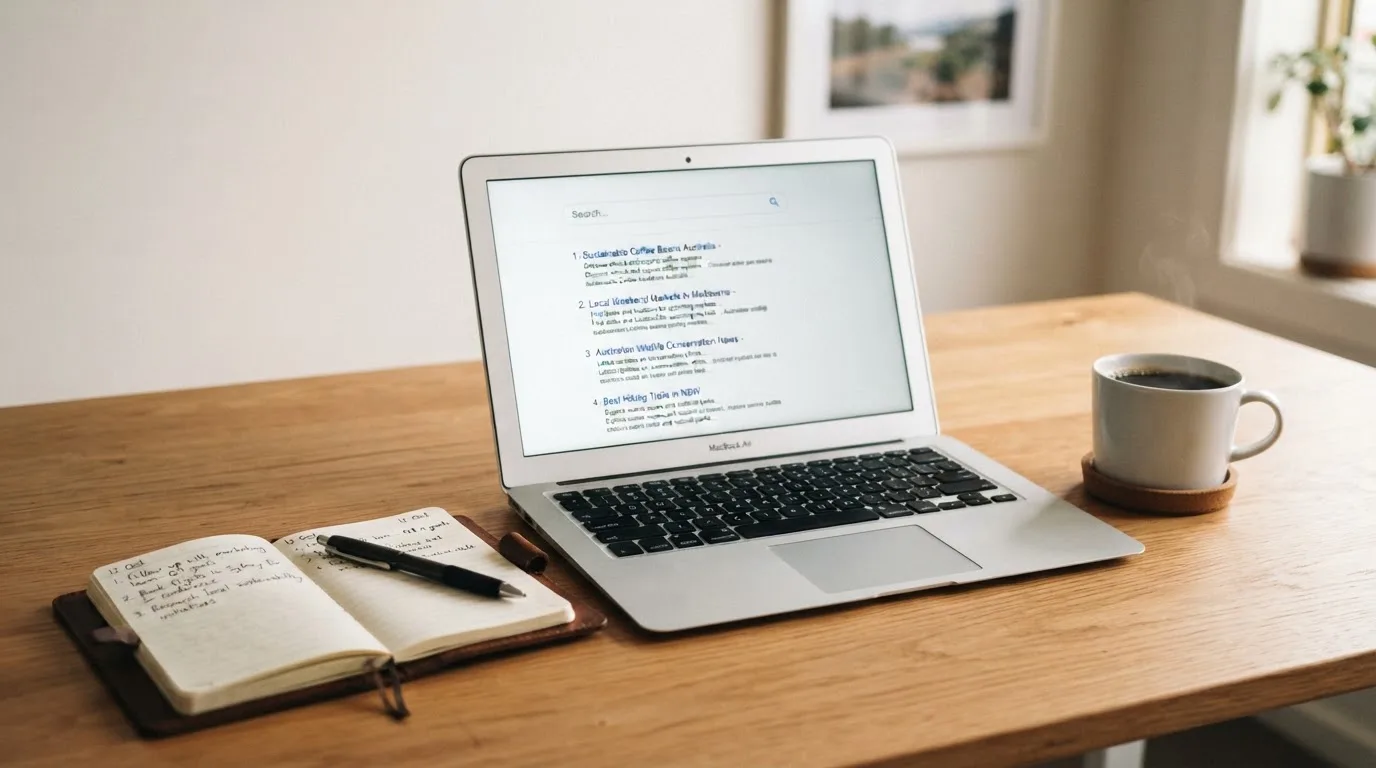 A tidy desk with a laptop open on a plain search-results page, a notebook and a coffee cup beside it, no screens showing any casino branding.
