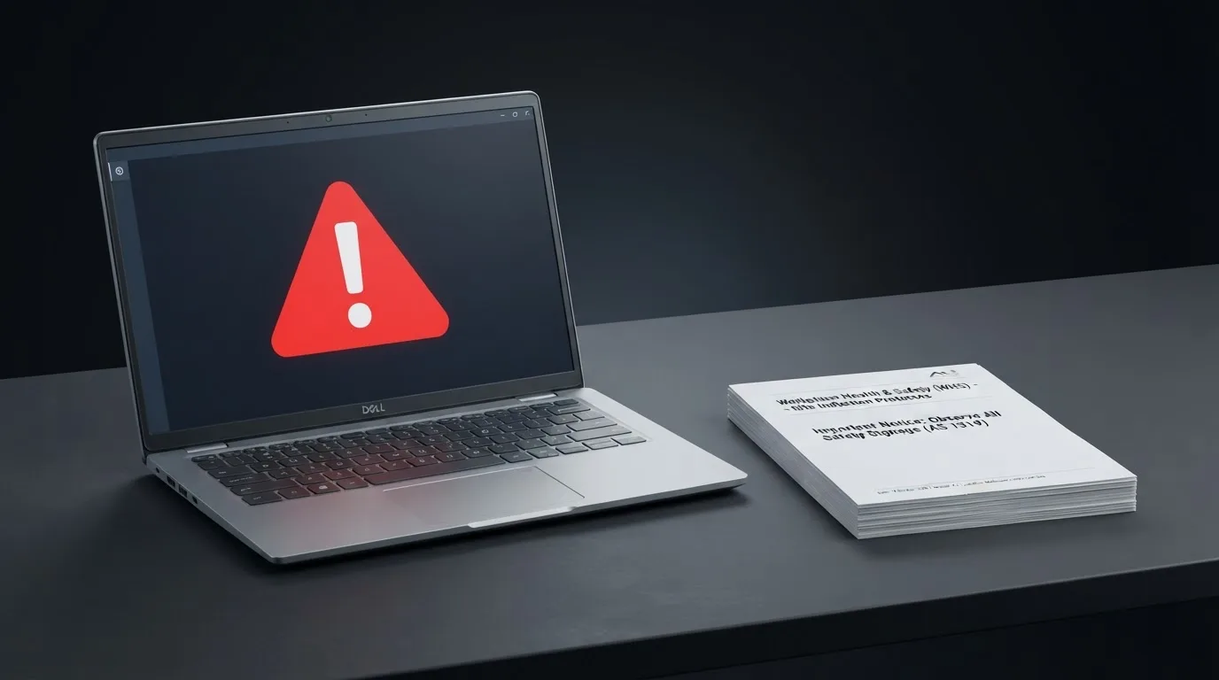 A red triangular warning sign icon on a laptop screen next to a stack of legal papers, symbolising an official caution rather than any specific website.