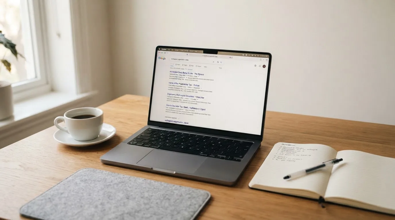 A tidy desk with a laptop open on a plain search-results page, a notebook and a coffee cup beside it, no screens showing any casino branding.