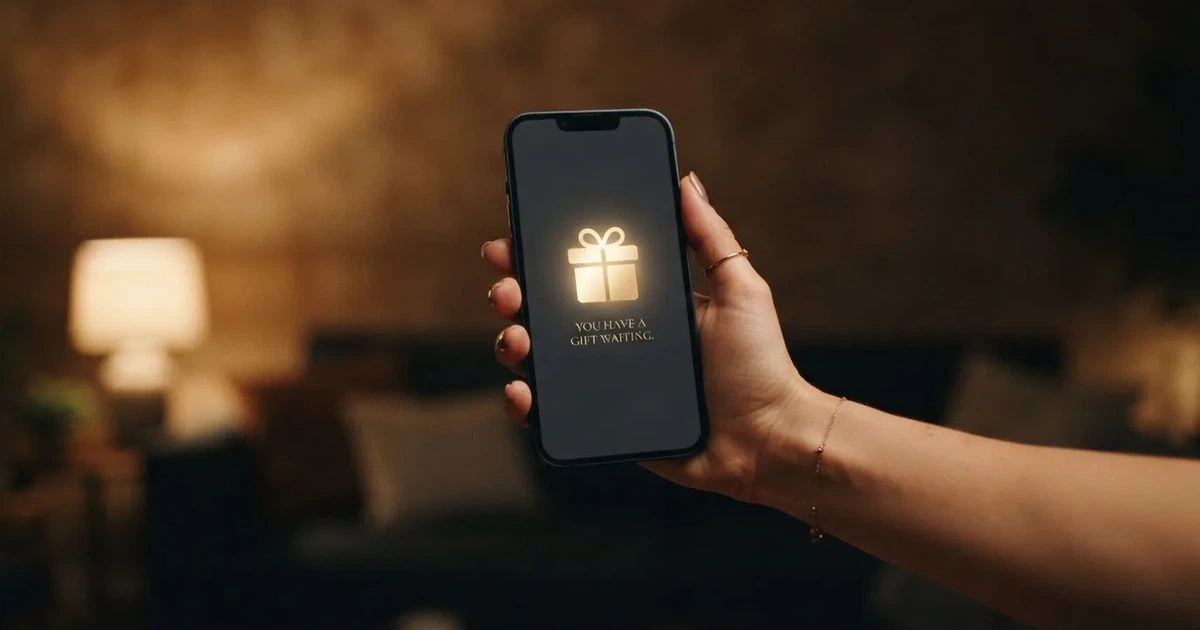 A gift box icon glowing on a phone screen, held at arm's length, suggesting an unopened offer rather than an active game.
