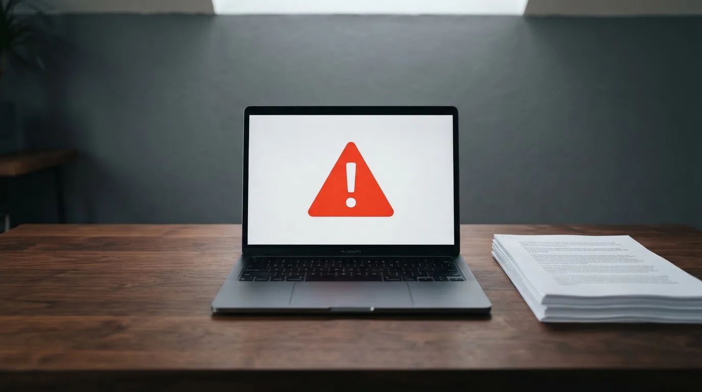 A red triangular warning sign icon on a laptop screen next to a stack of legal papers, symbolising an official caution rather than any specific website.