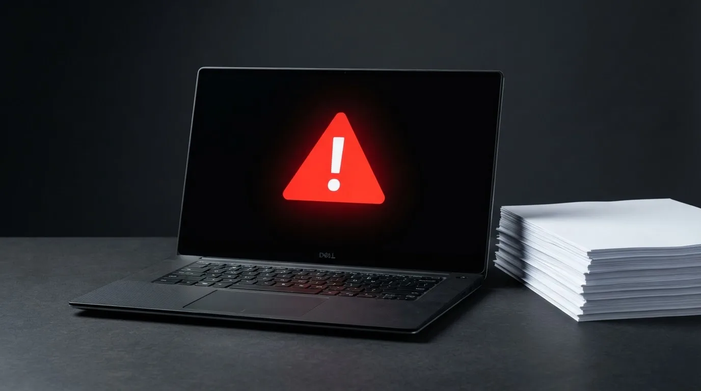 A red triangular warning sign icon on a laptop screen next to a stack of legal papers, symbolising an official caution rather than any specific website.