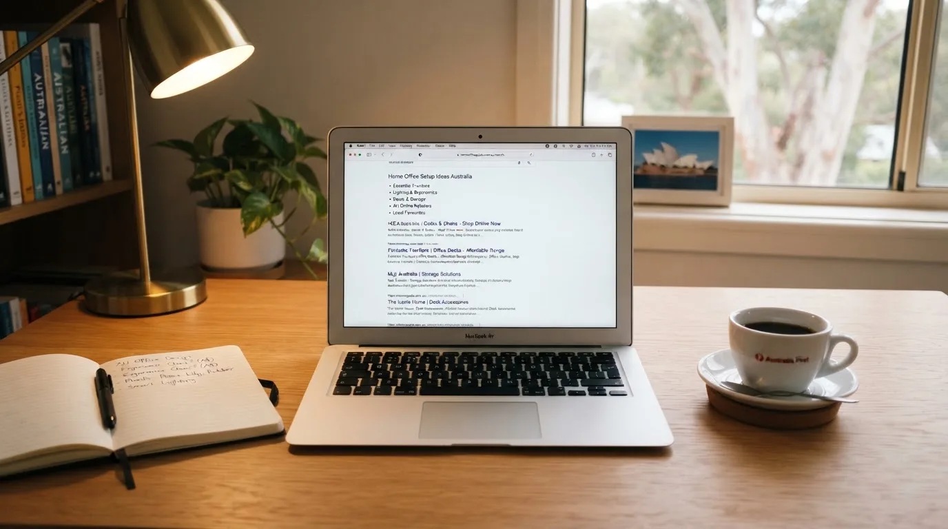 A tidy desk with a laptop open on a plain search-results page, a notebook and a coffee cup beside it, no screens showing any casino branding.