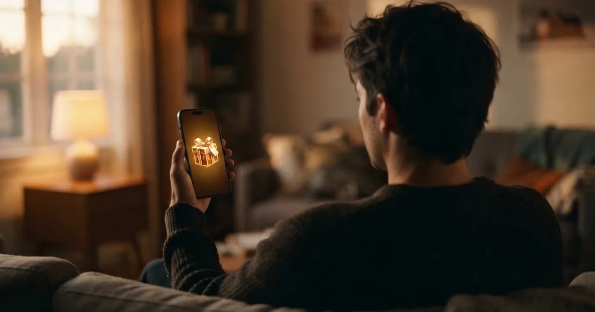 A gift box icon glowing on a phone screen, held at arm's length, suggesting an unopened offer rather than an active game.
