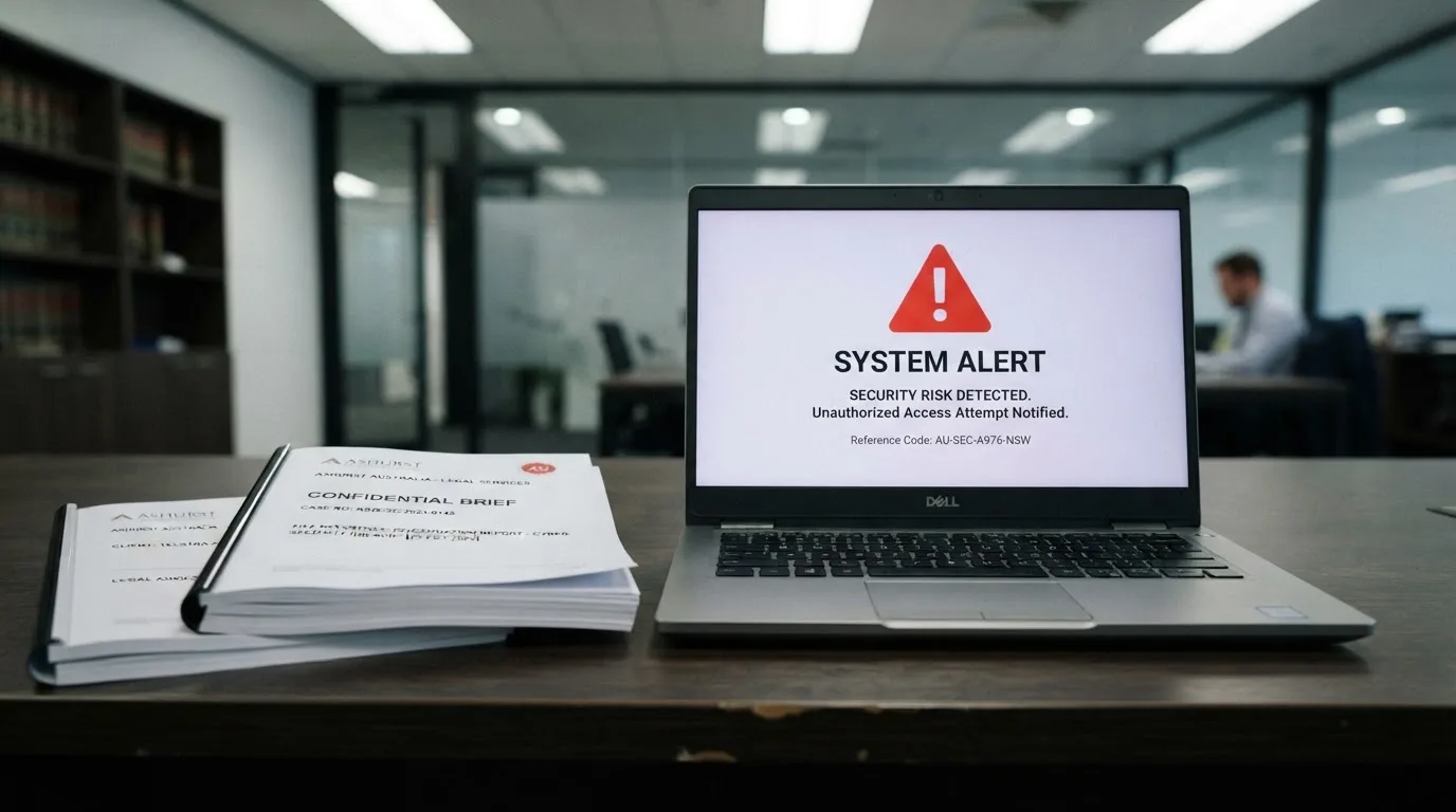 A red triangular warning sign icon on a laptop screen next to a stack of legal papers, symbolising an official caution rather than any specific website.