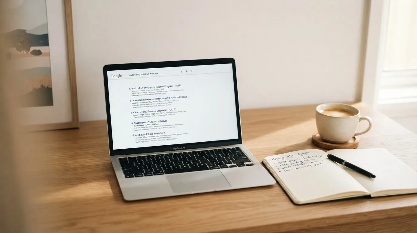 A tidy desk with a laptop open on a plain search-results page, a notebook and a coffee cup beside it, no screens showing any casino branding.