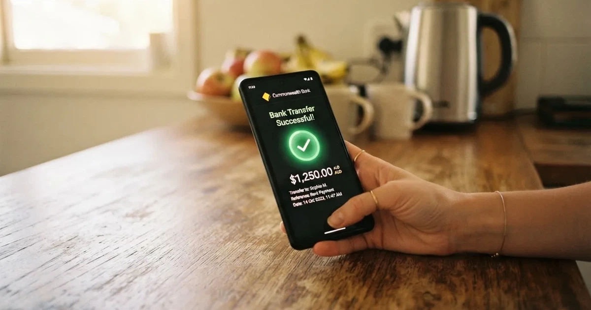 A smartphone screen showing a generic bank-transfer confirmation tick, held over a kitchen table.