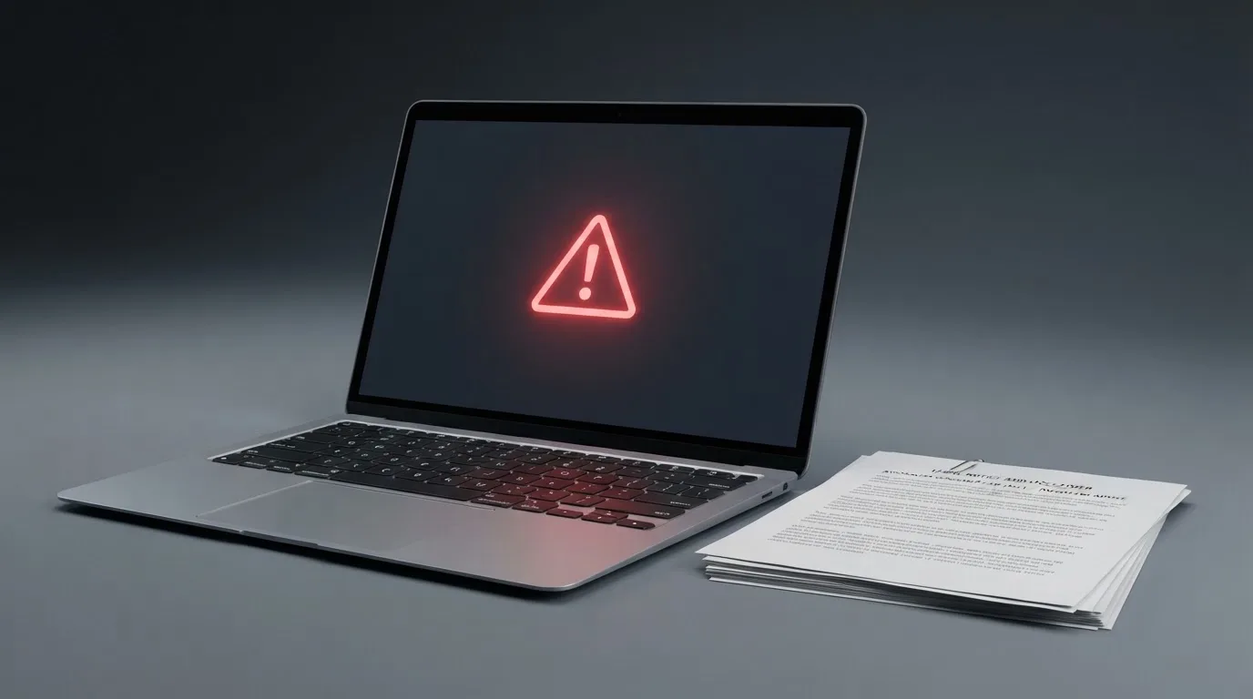 A red triangular warning sign icon on a laptop screen next to a stack of legal papers, symbolising an official caution rather than any specific website.