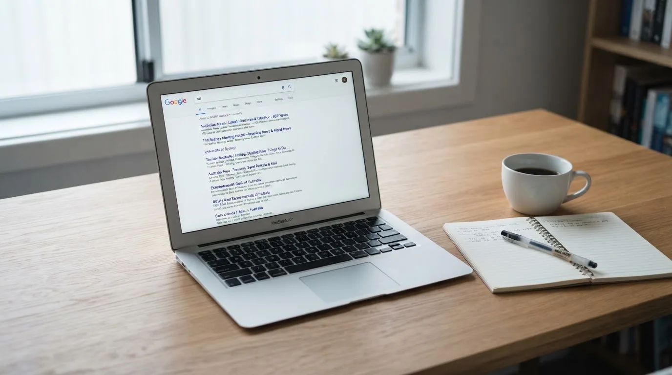 A tidy desk with a laptop open on a plain search-results page, a notebook and a coffee cup beside it, no screens showing any casino branding.