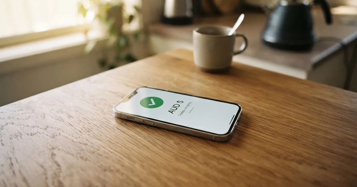 A smartphone screen showing a generic bank-transfer confirmation tick, held over a kitchen table.