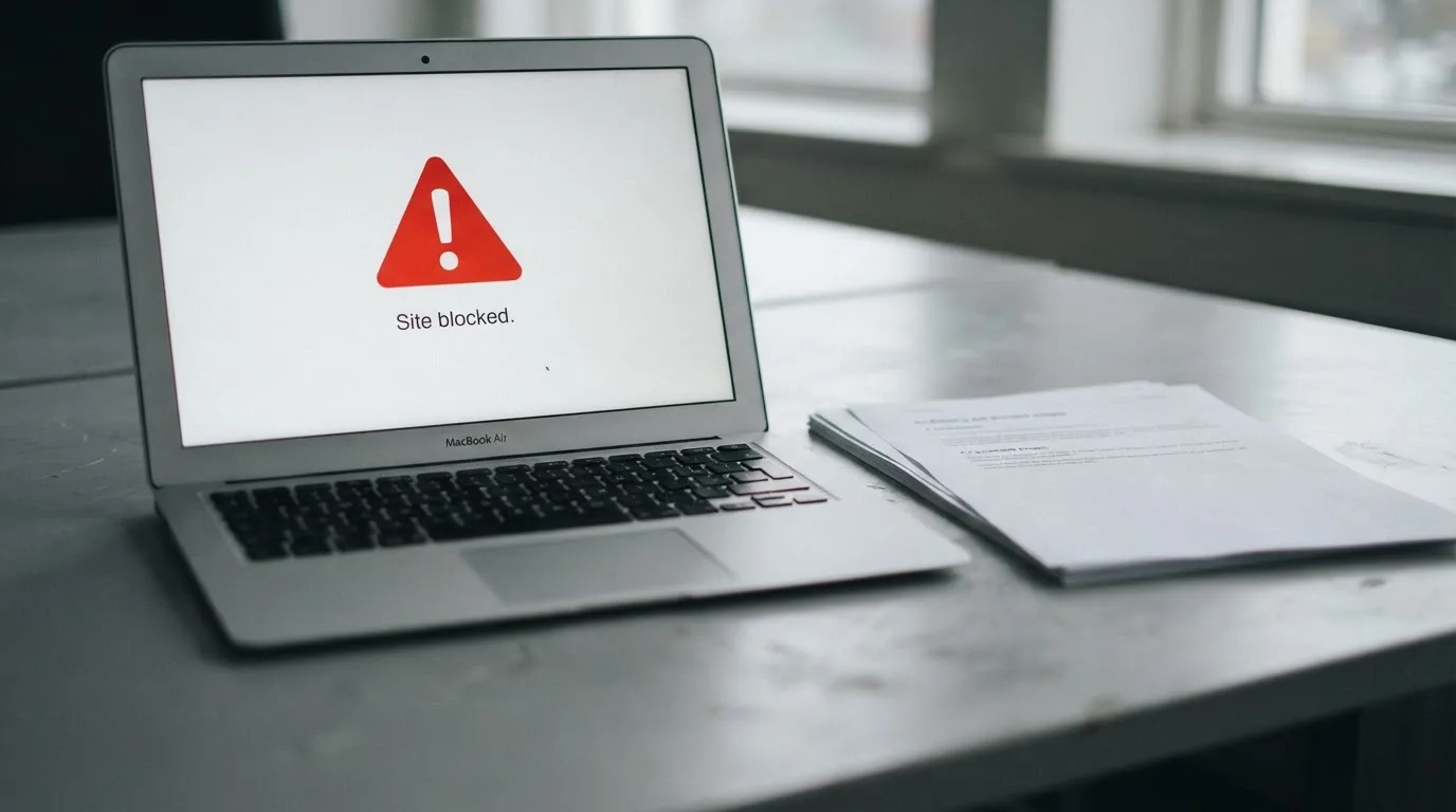 A red triangular warning sign icon on a laptop screen next to a stack of legal papers, symbolising an official caution rather than any specific website.
