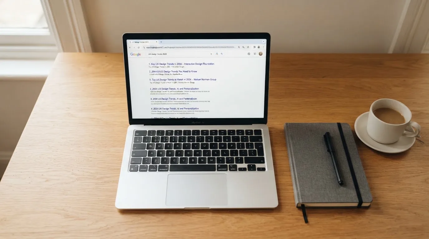 A tidy desk with a laptop open on a plain search-results page, a notebook and a coffee cup beside it, no screens showing any casino branding.