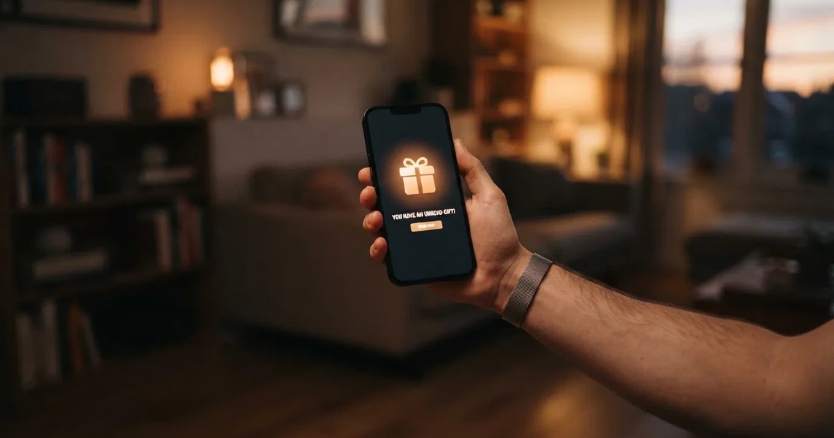 A gift box icon glowing on a phone screen, held at arm's length, suggesting an unopened offer rather than an active game.
