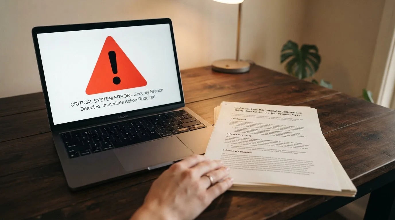 A red triangular warning sign icon on a laptop screen next to a stack of legal papers, symbolising an official caution rather than any specific website.
