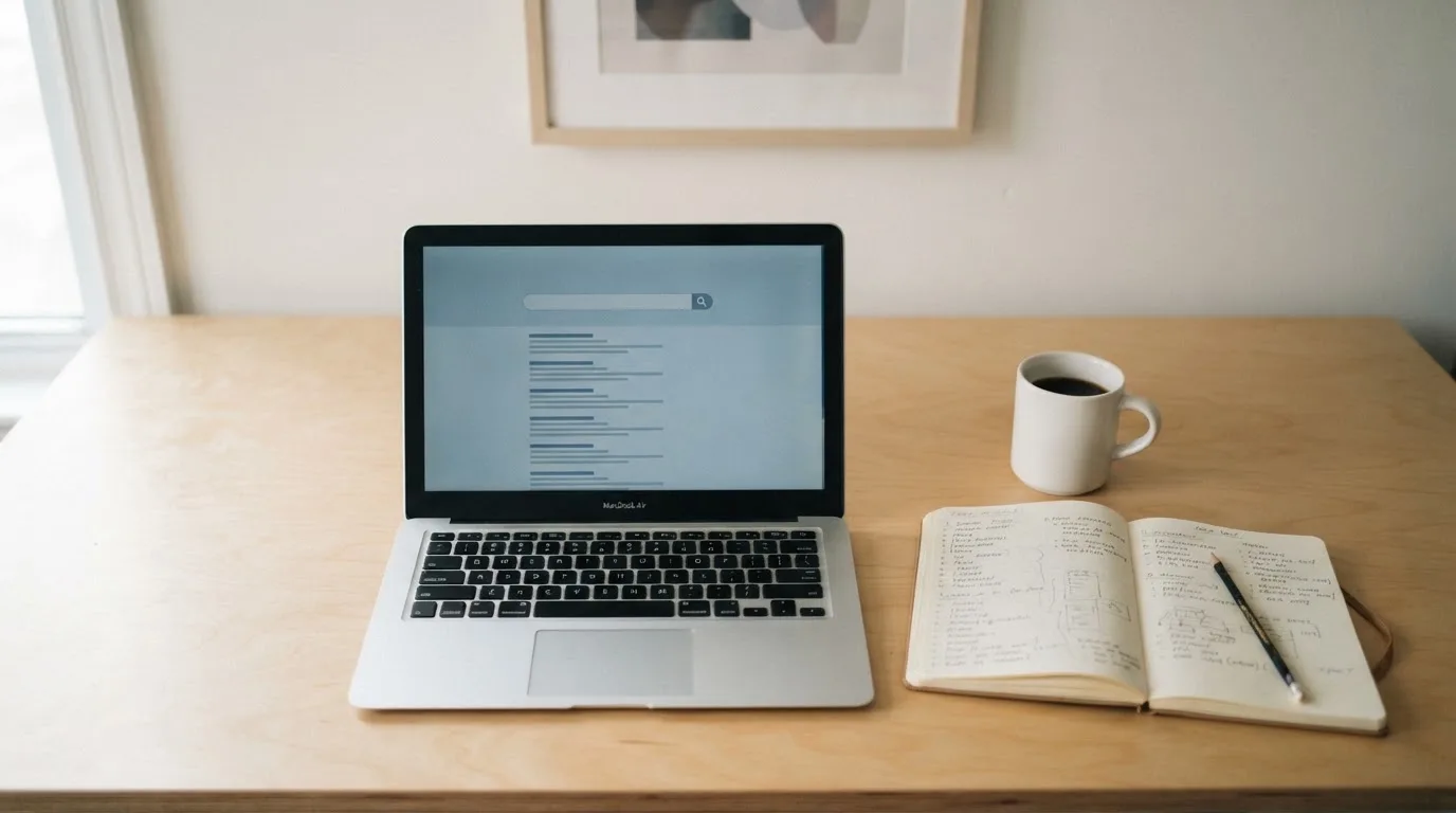 A tidy desk with a laptop open on a plain search-results page, a notebook and a coffee cup beside it, no screens showing any casino branding.