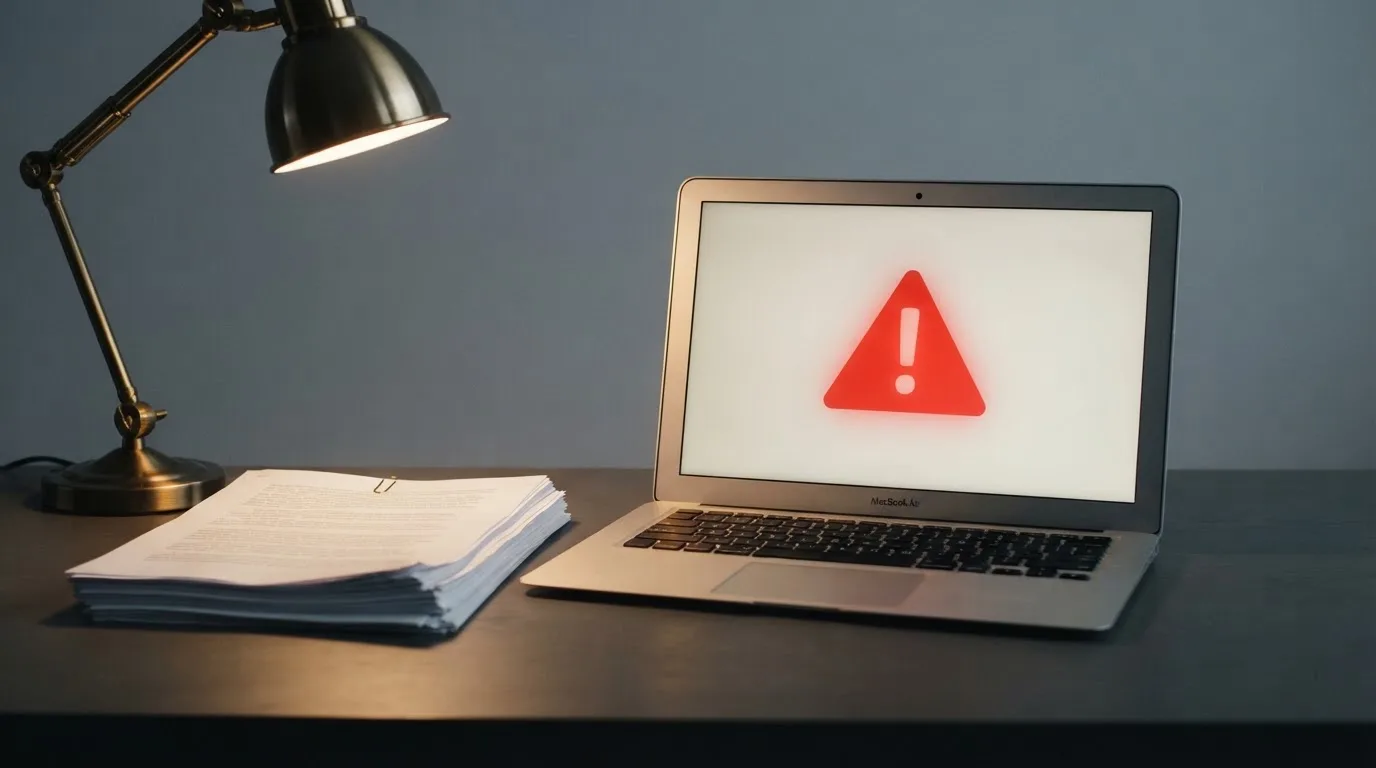 A red triangular warning sign icon on a laptop screen next to a stack of legal papers, symbolising an official caution rather than any specific website.