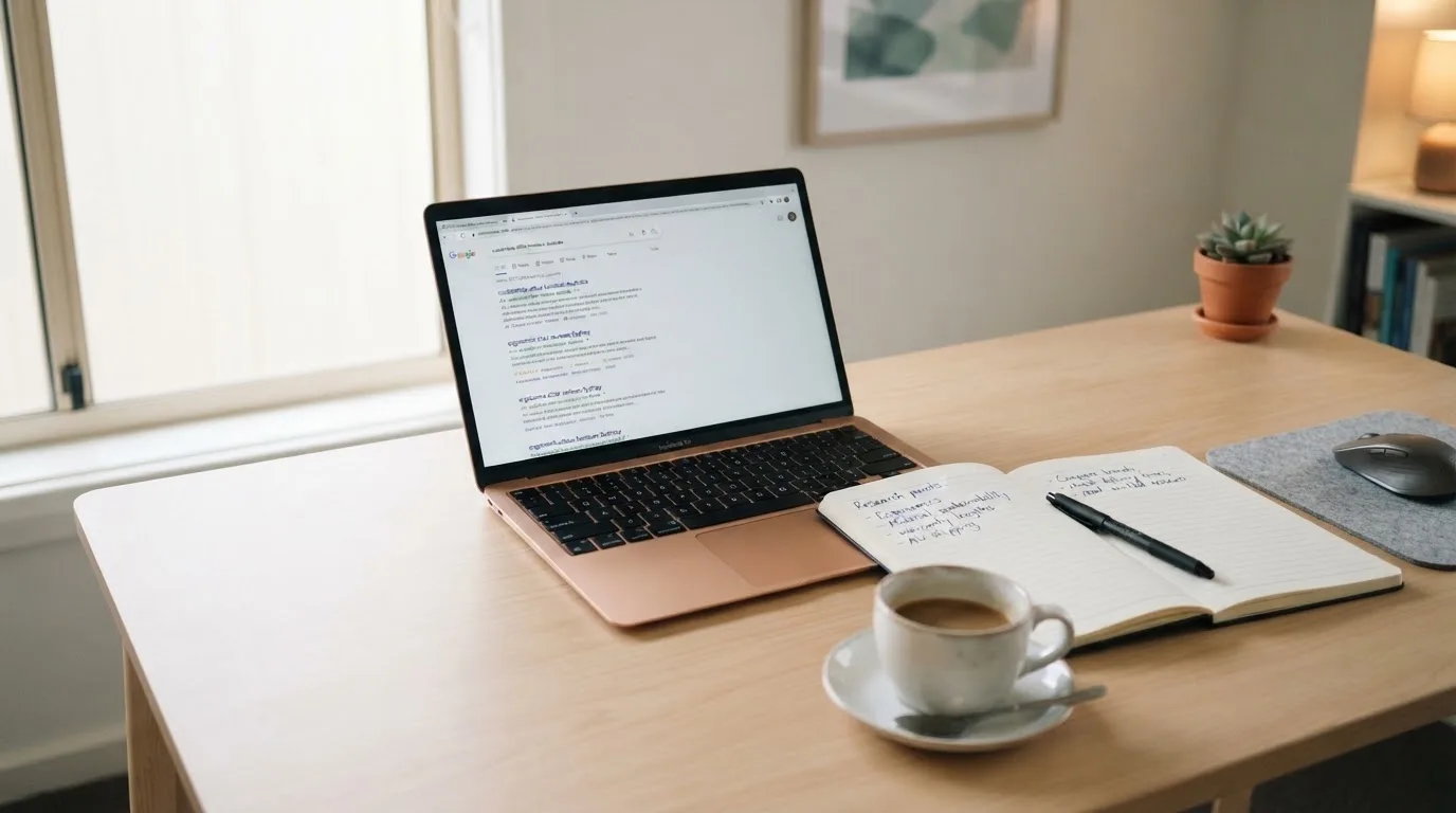 A tidy desk with a laptop open on a plain search-results page, a notebook and a coffee cup beside it, no screens showing any casino branding.