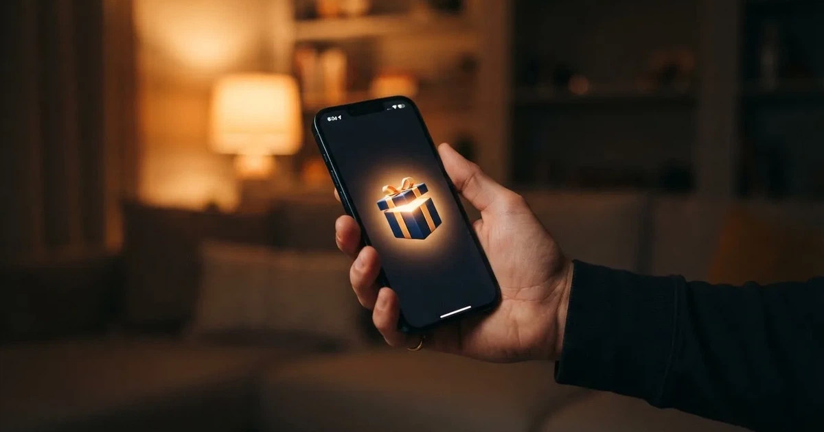 A gift box icon glowing on a phone screen, held at arm's length, suggesting an unopened offer rather than an active game.