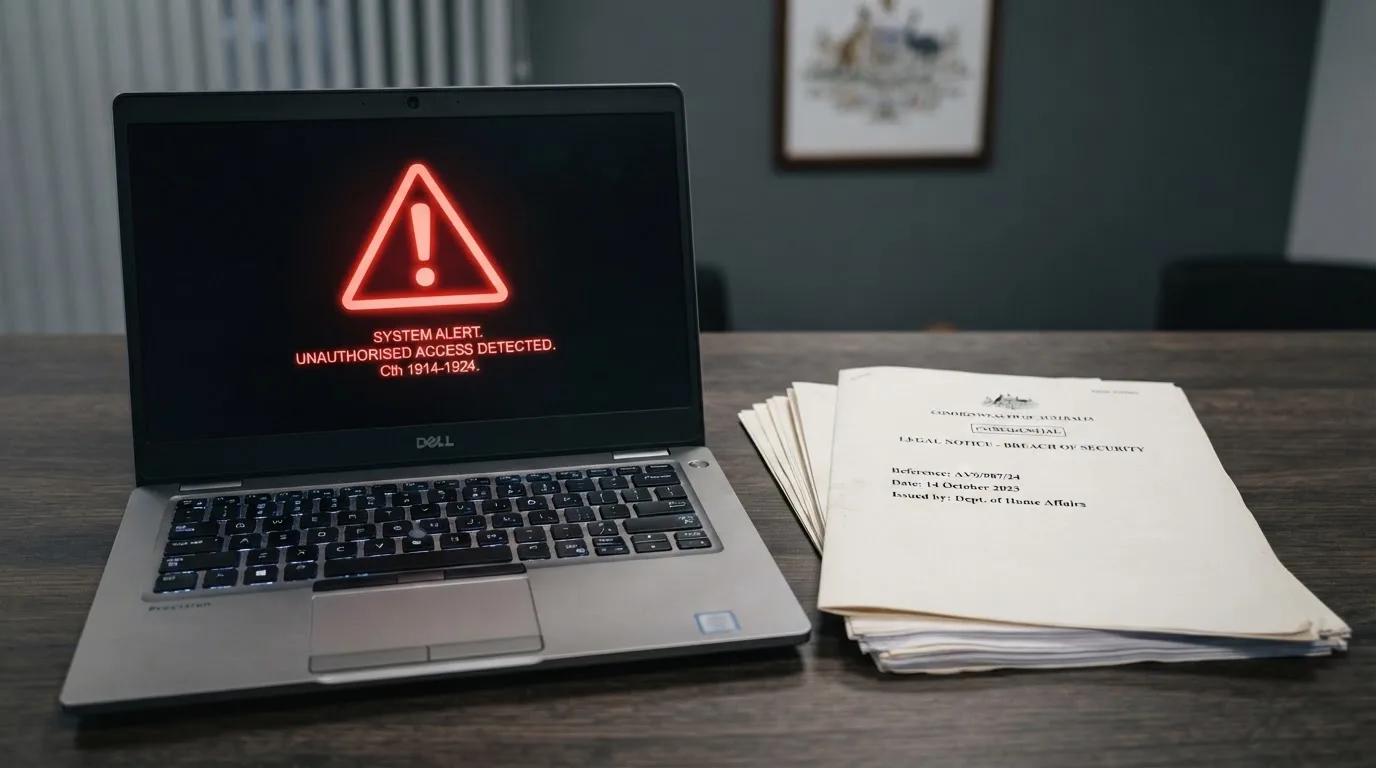 A red triangular warning sign icon on a laptop screen next to a stack of legal papers, symbolising an official caution rather than any specific website.