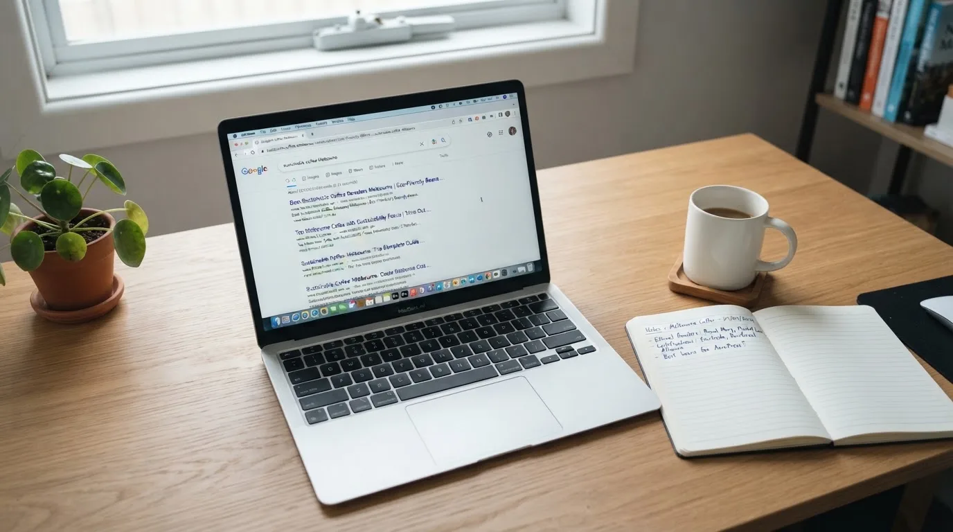 A tidy desk with a laptop open on a plain search-results page, a notebook and a coffee cup beside it, no screens showing any casino branding.