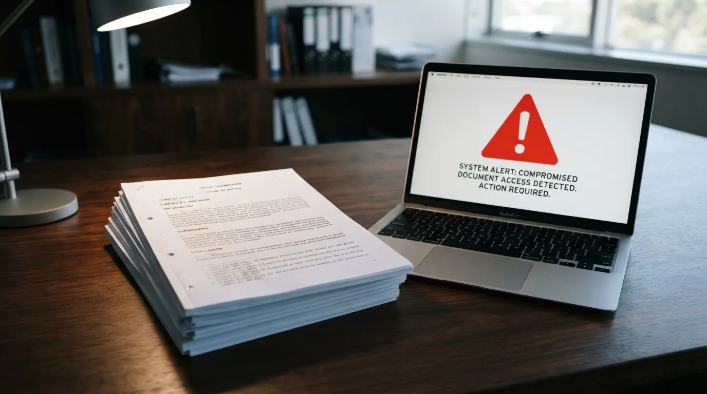 A red triangular warning sign icon on a laptop screen next to a stack of legal papers, symbolising an official caution rather than any specific website.