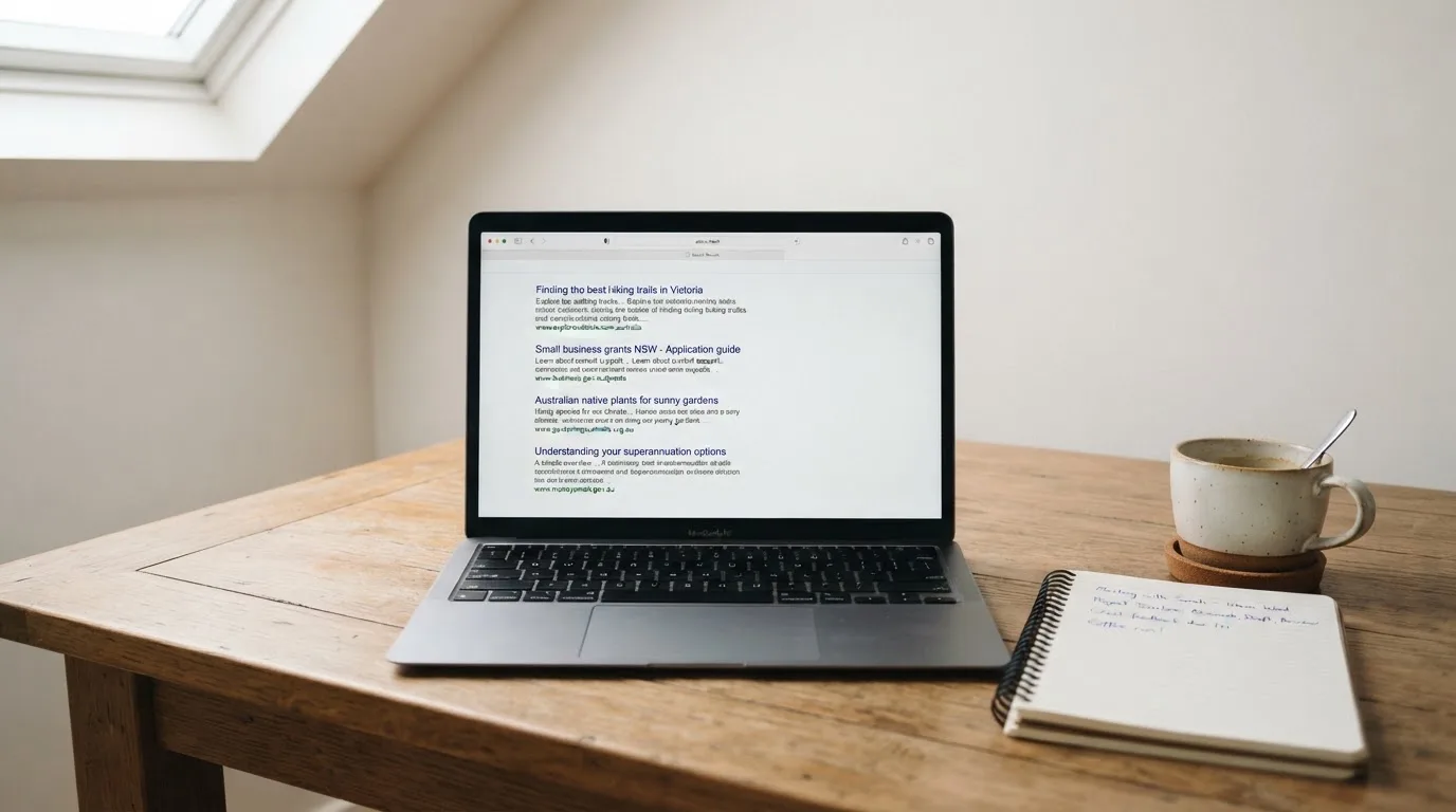 A tidy desk with a laptop open on a plain search-results page, a notebook and a coffee cup beside it, no screens showing any casino branding.