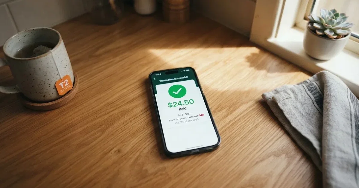 A smartphone screen showing a generic bank-transfer confirmation tick, held over a kitchen table.