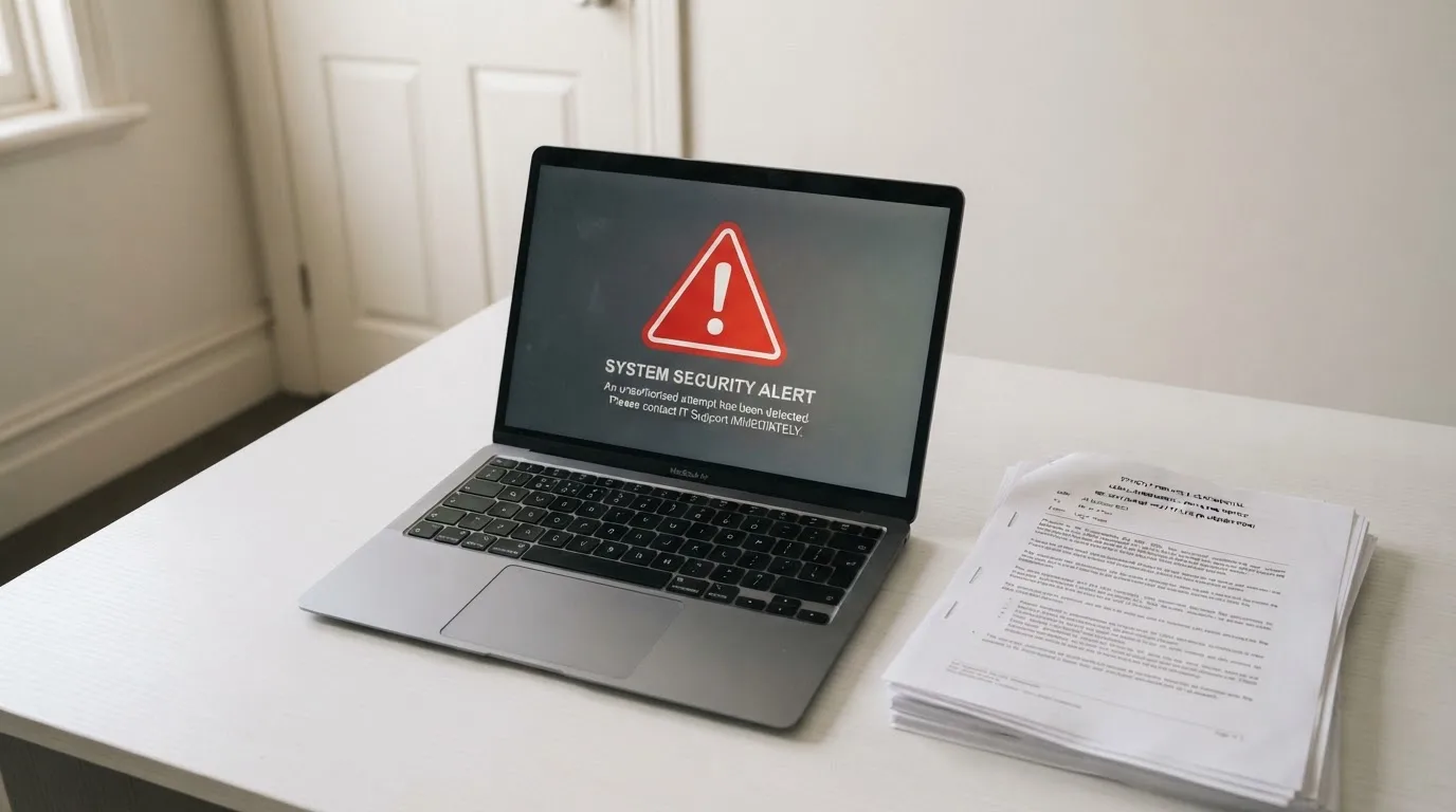 A red triangular warning sign icon on a laptop screen next to a stack of legal papers, symbolising an official caution rather than any specific website.