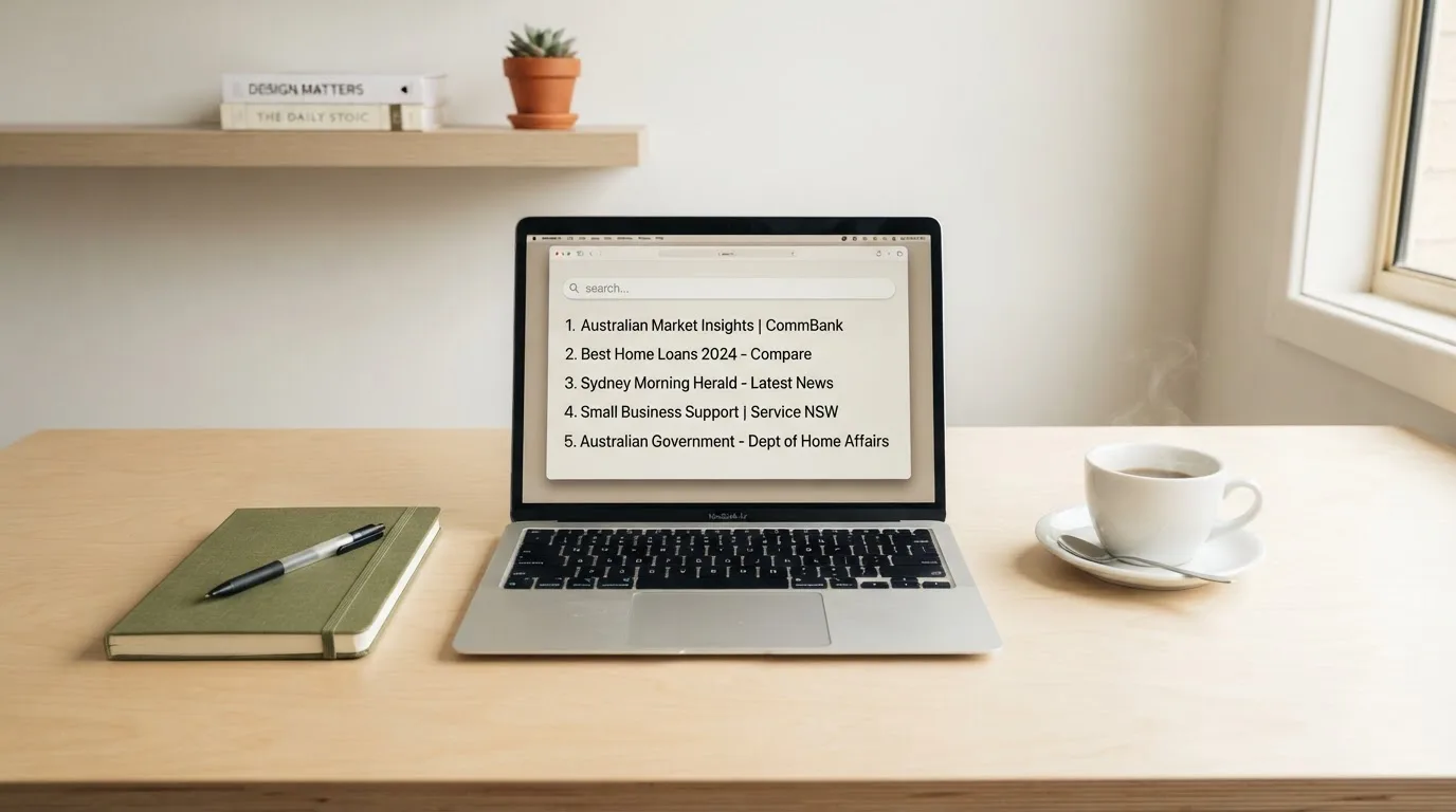 A tidy desk with a laptop open on a plain search-results page, a notebook and a coffee cup beside it, no screens showing any casino branding.