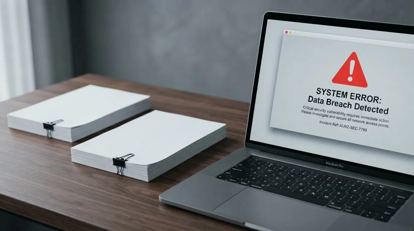 A red triangular warning sign icon on a laptop screen next to a stack of legal papers, symbolising an official caution rather than any specific website.