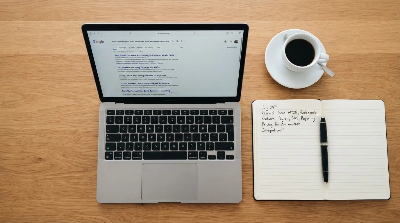 A tidy desk with a laptop open on a plain search-results page, a notebook and a coffee cup beside it, no screens showing any casino branding.