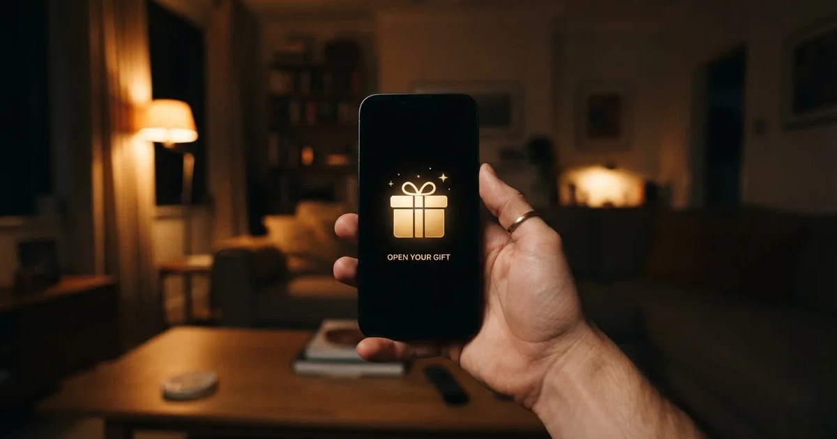 A gift box icon glowing on a phone screen, held at arm's length, suggesting an unopened offer rather than an active game.