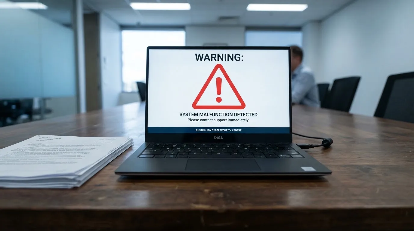 A red triangular warning sign icon on a laptop screen next to a stack of legal papers, symbolising an official caution rather than any specific website.