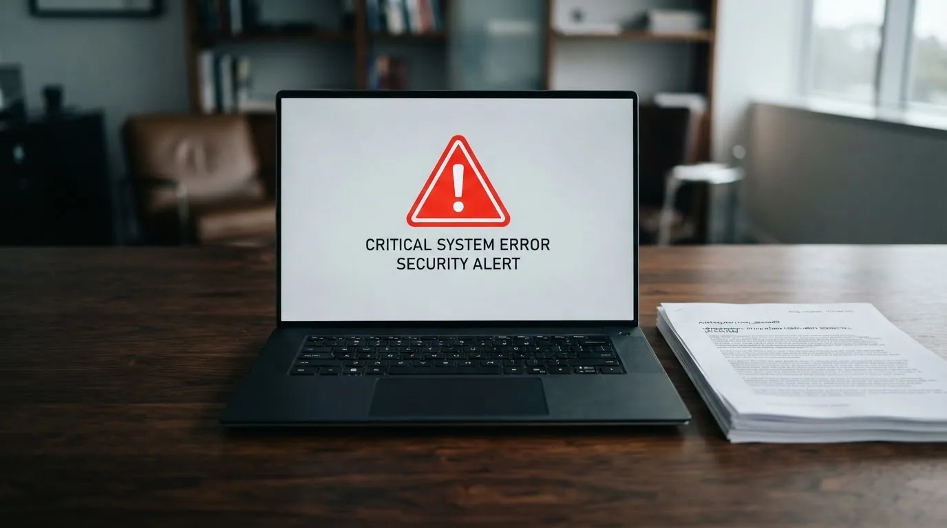 A red triangular warning sign icon on a laptop screen next to a stack of legal papers, symbolising an official caution rather than any specific website.