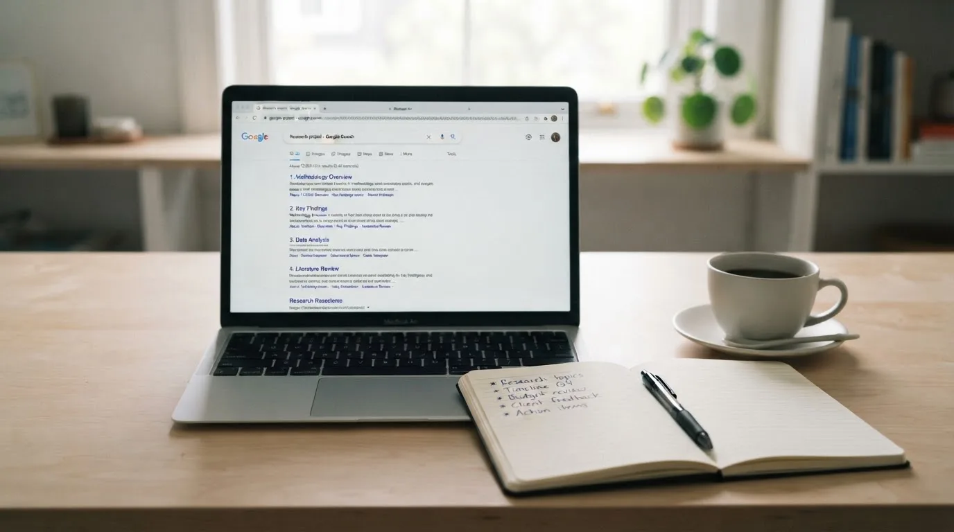 A tidy desk with a laptop open on a plain search-results page, a notebook and a coffee cup beside it, no screens showing any casino branding.