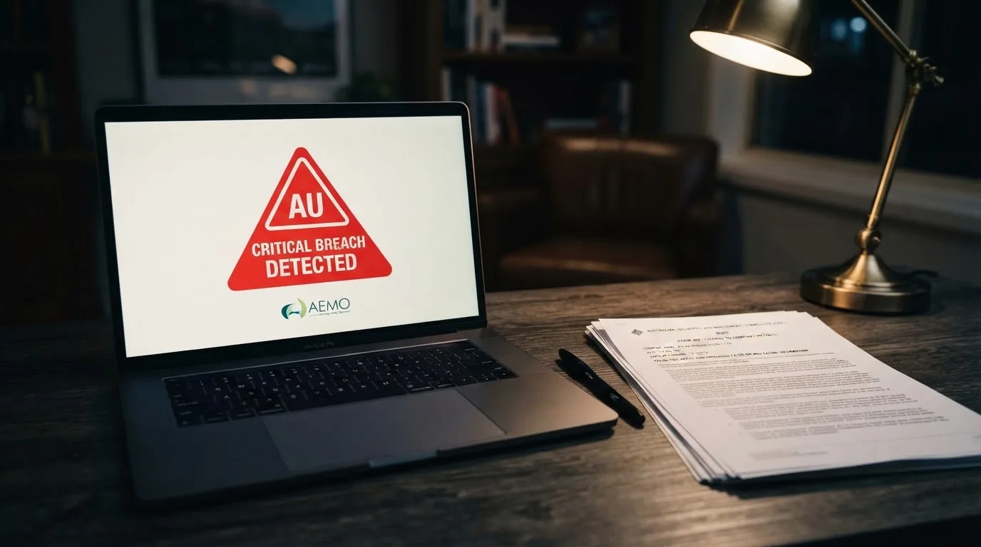 A red triangular warning sign icon on a laptop screen next to a stack of legal papers, symbolising an official caution rather than any specific website.
