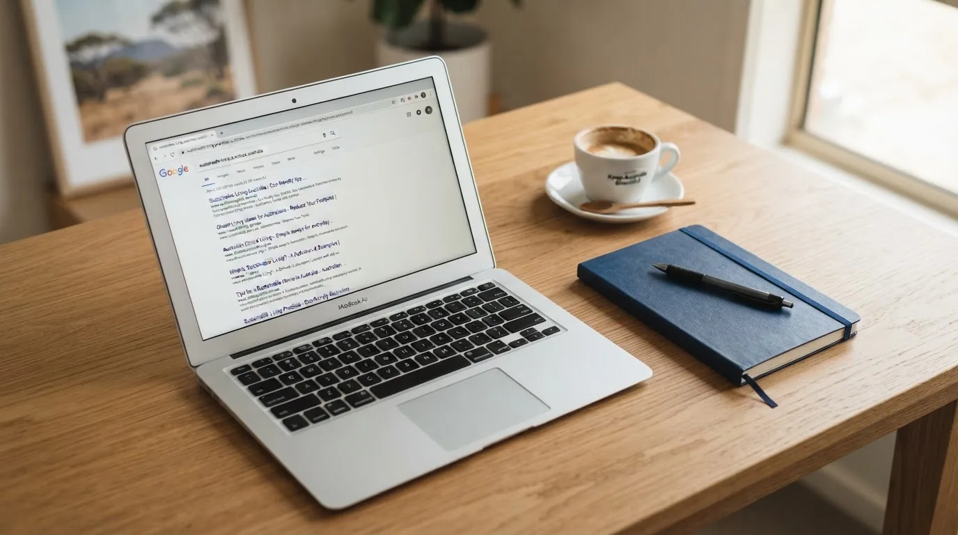 A tidy desk with a laptop open on a plain search-results page, a notebook and a coffee cup beside it, no screens showing any casino branding.