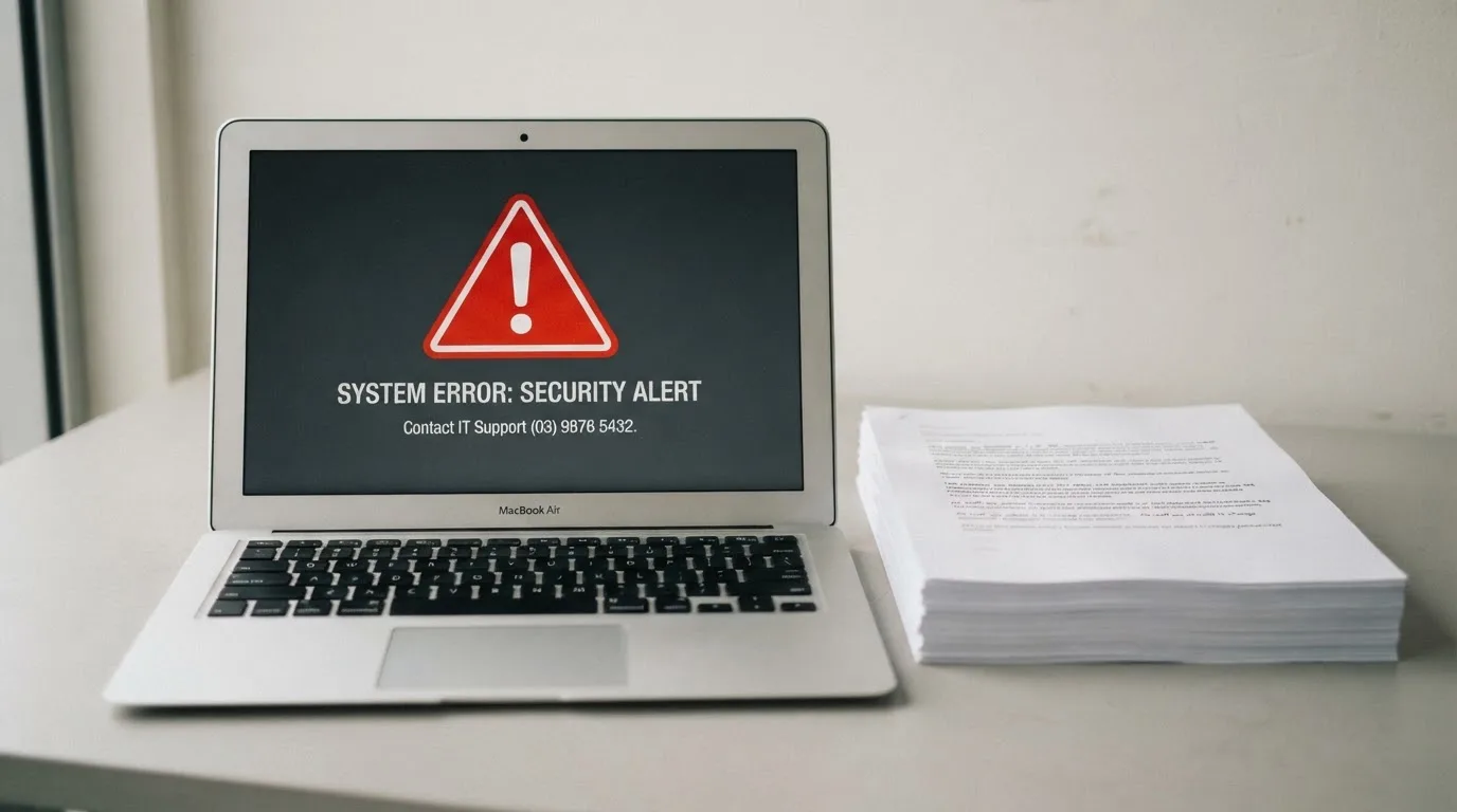 A red triangular warning sign icon on a laptop screen next to a stack of legal papers, symbolising an official caution rather than any specific website.