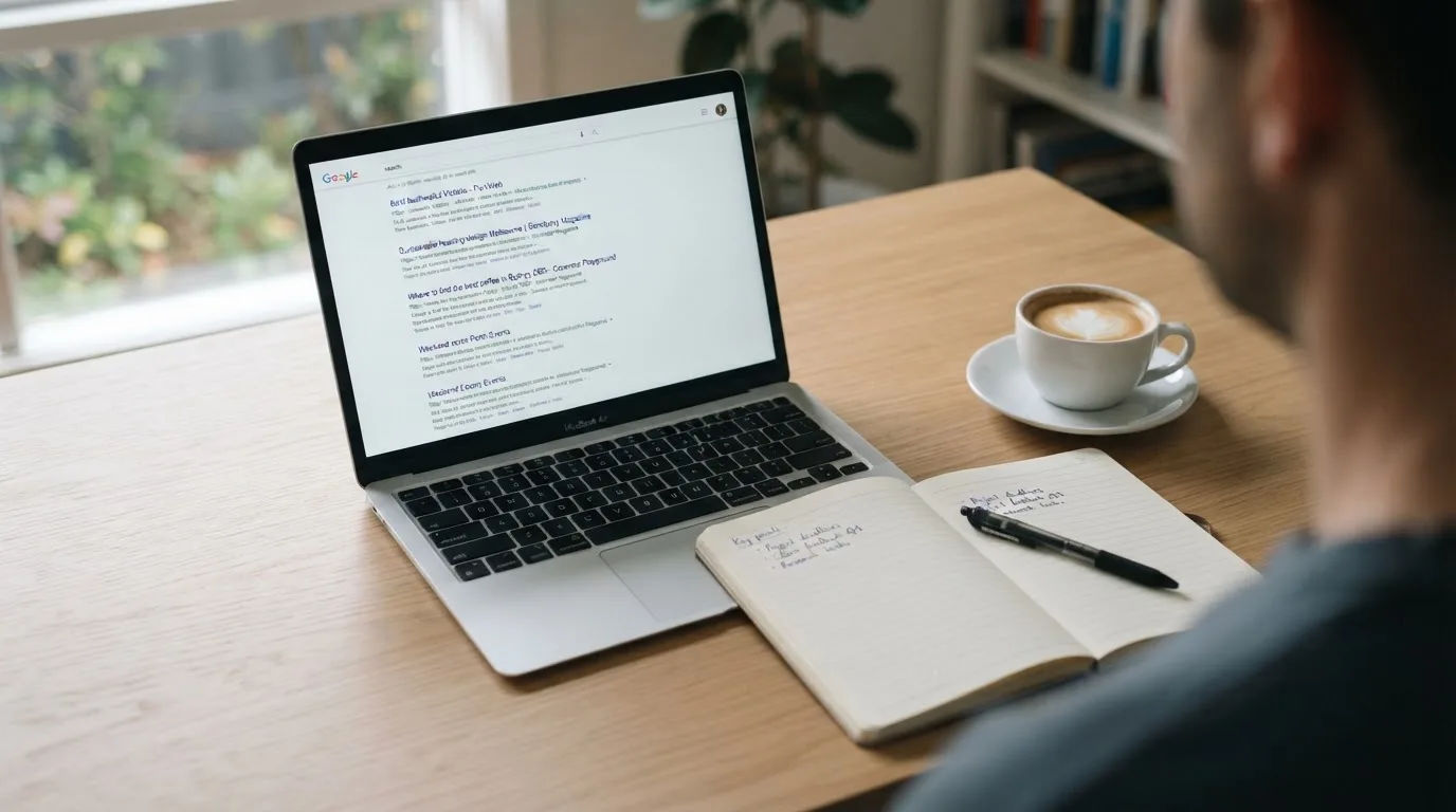 A tidy desk with a laptop open on a plain search-results page, a notebook and a coffee cup beside it, no screens showing any casino branding.