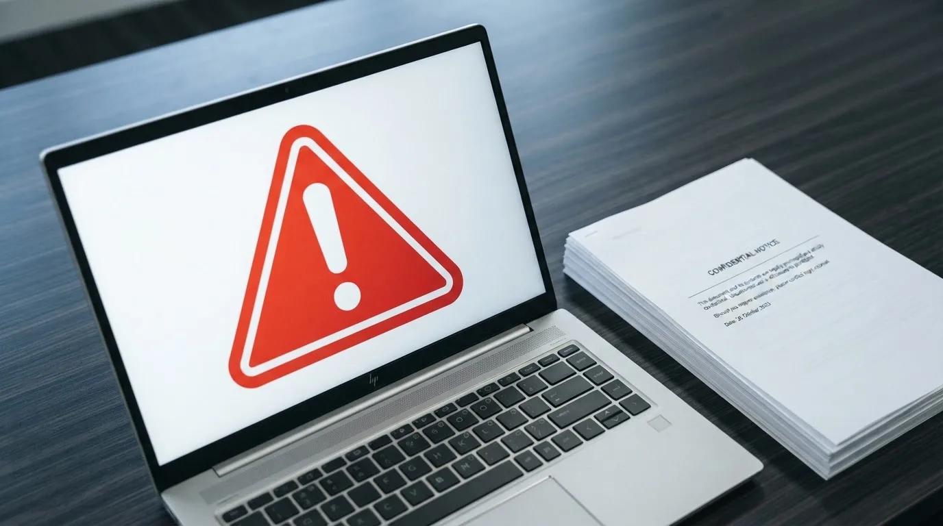 A red triangular warning sign icon on a laptop screen next to a stack of legal papers, symbolising an official caution rather than any specific website.