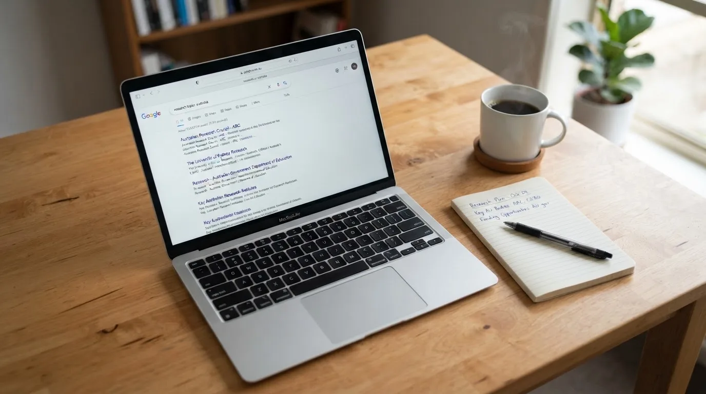 A tidy desk with a laptop open on a plain search-results page, a notebook and a coffee cup beside it, no screens showing any casino branding.