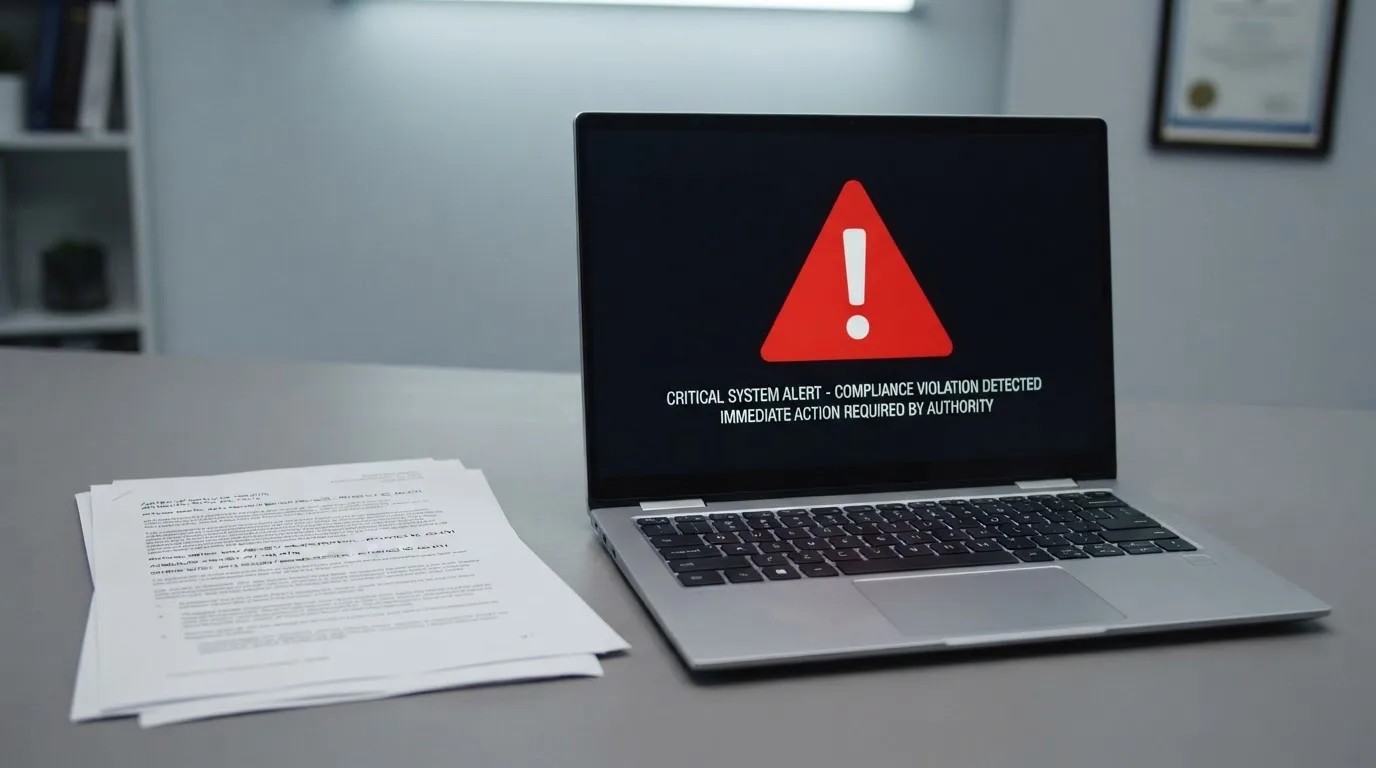 A red triangular warning sign icon on a laptop screen next to a stack of legal papers, symbolising an official caution rather than any specific website.