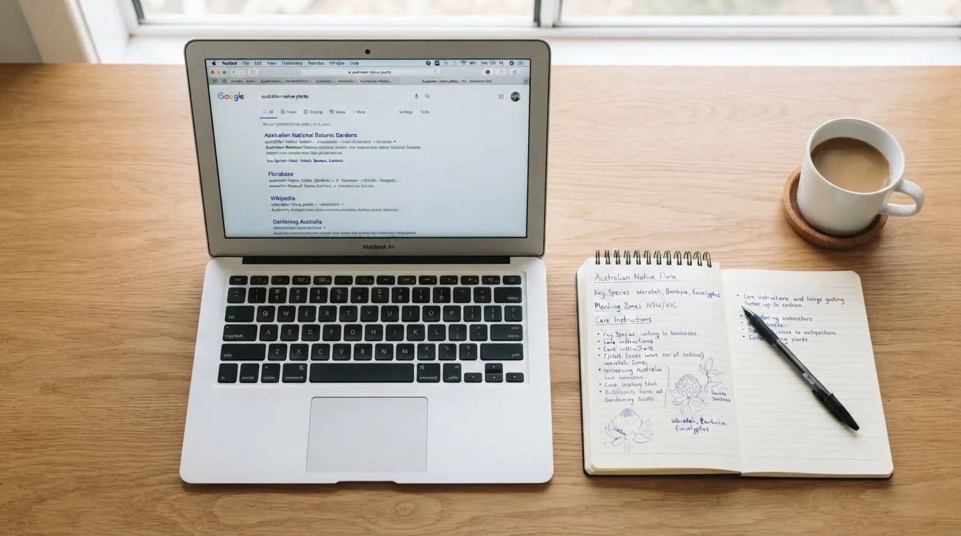 A tidy desk with a laptop open on a plain search-results page, a notebook and a coffee cup beside it, no screens showing any casino branding.