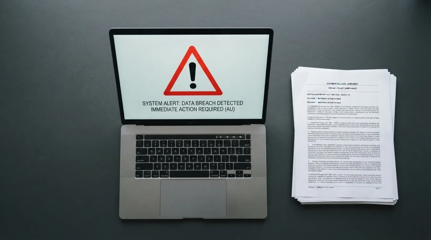 A red triangular warning sign icon on a laptop screen next to a stack of legal papers, symbolising an official caution rather than any specific website.